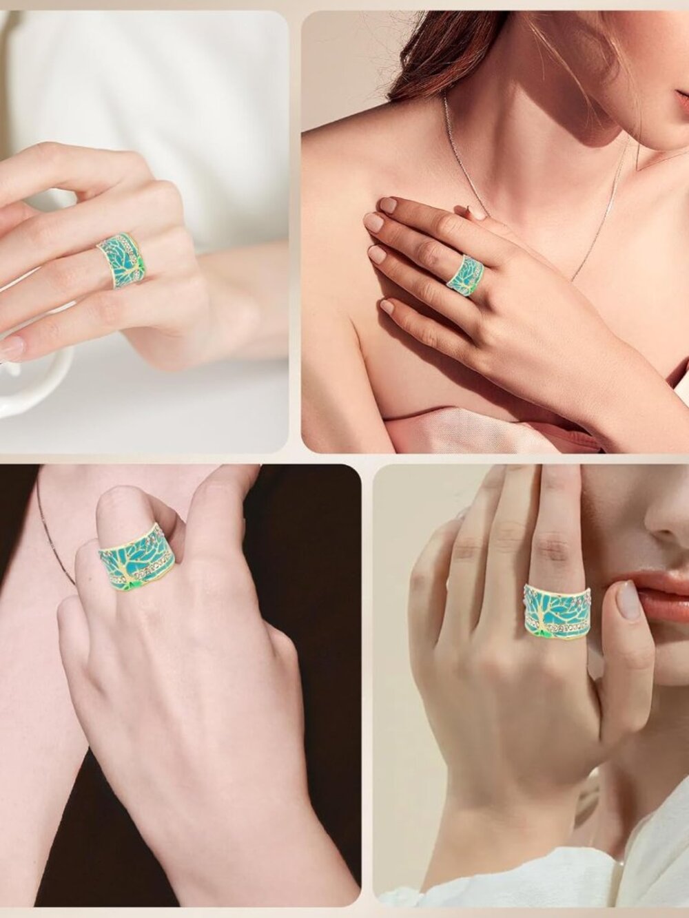 Lucky Flower Tree Rings Gold Pink Opal Green Enamel Wide Ring for Woman Party Cr - Picture 2 of 6